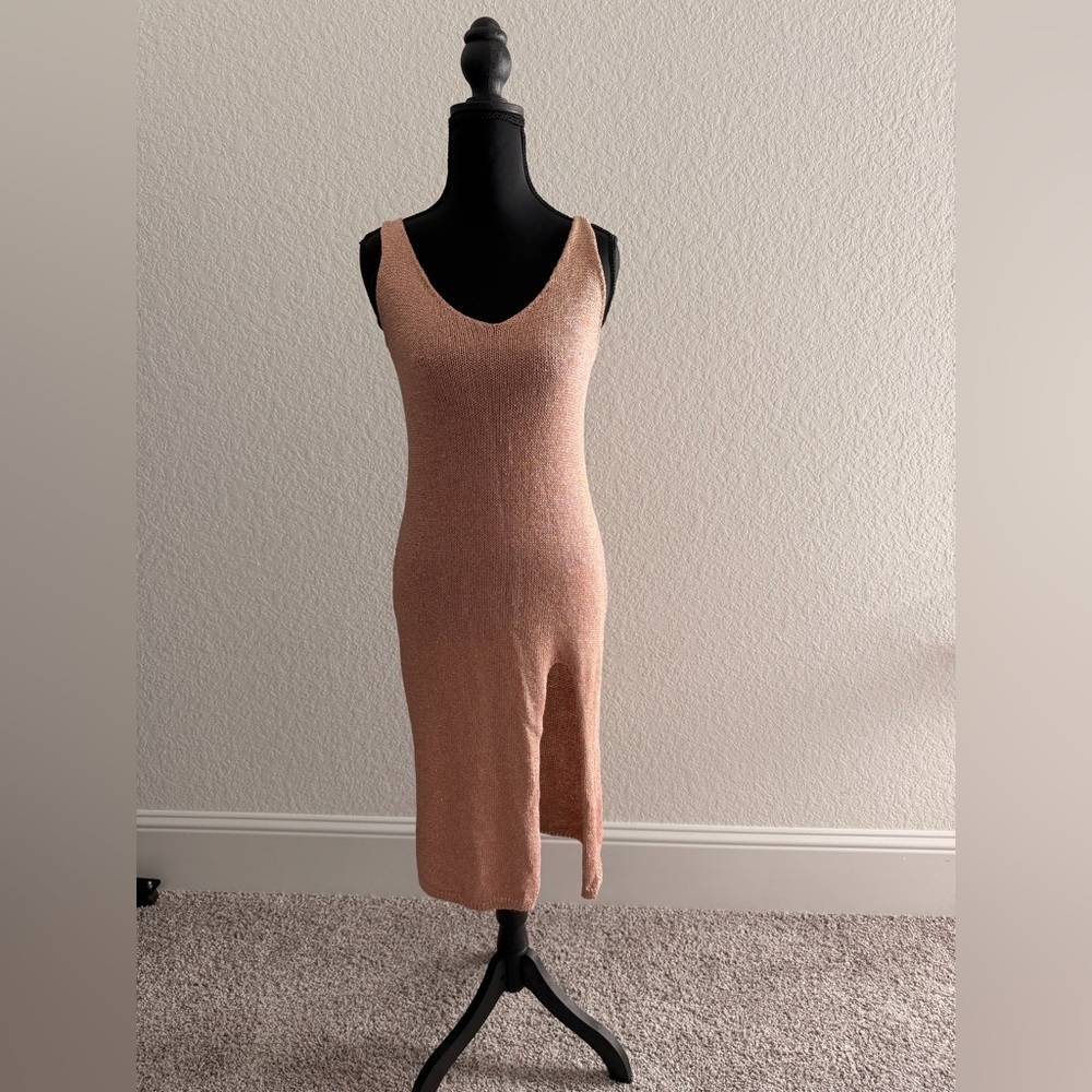 Elegant Gold Lurex Tan Dress Sleeveless High Slit Modern Glam